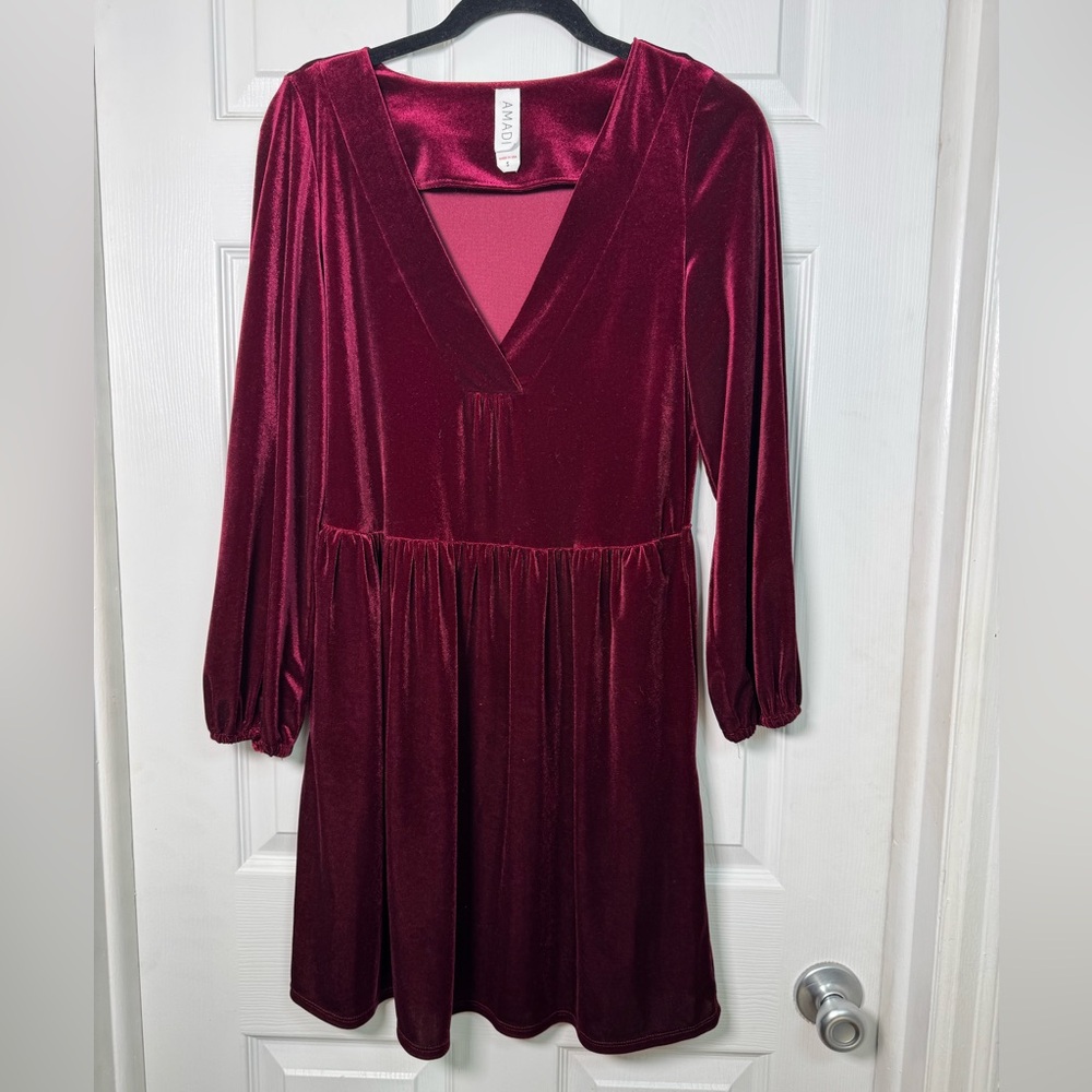 Anthropologie Amadi Greta Burgundy Velvet Mini Dress Pockets S